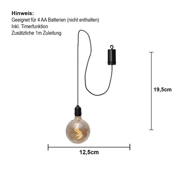 Dekorative Hängelampe mit Timerfunktion und einer Kabellänge von einem Meter, benötigt vier AA-Batterien