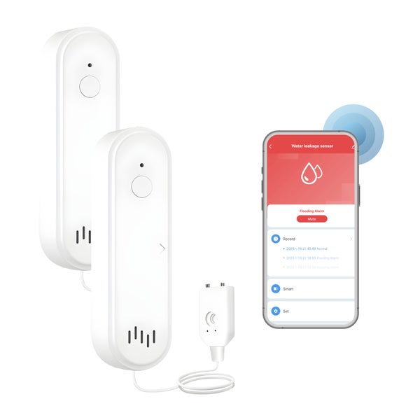Wassermelder Set mit zwei Sensoren, externer Sonde und App-Steuerung zur Benachrichtigung bei Wasserschäden.