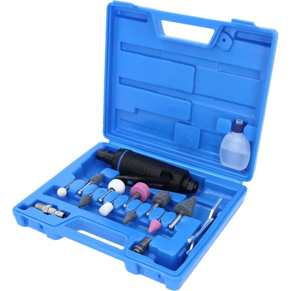 Druckluft-Stiftschleifer-Set mit verschiedenen Schleifaufsätzen in blauem Aufbewahrungskoffer
