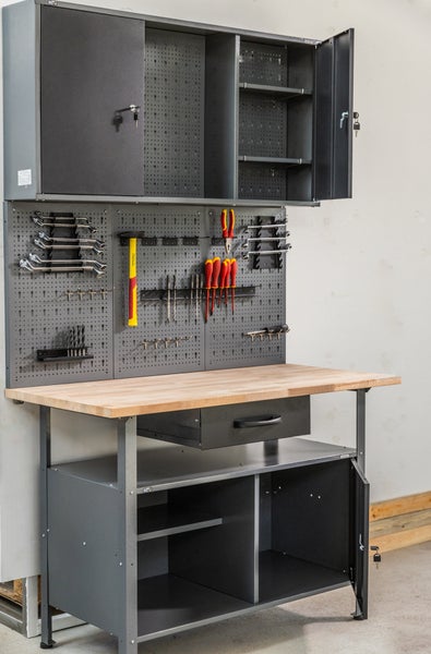 Ondis24 Werkstatt Set Klaus 120 cm 2 Schränke LED, Werkstatteinrichtung, Werkbank