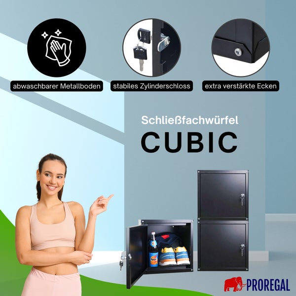 Schließfachwürfel CUBIC von Proregal aus Metall mit Zylinderschloss, extra verstärkten Ecken und abwaschbarem Boden. Proregal Logo.
