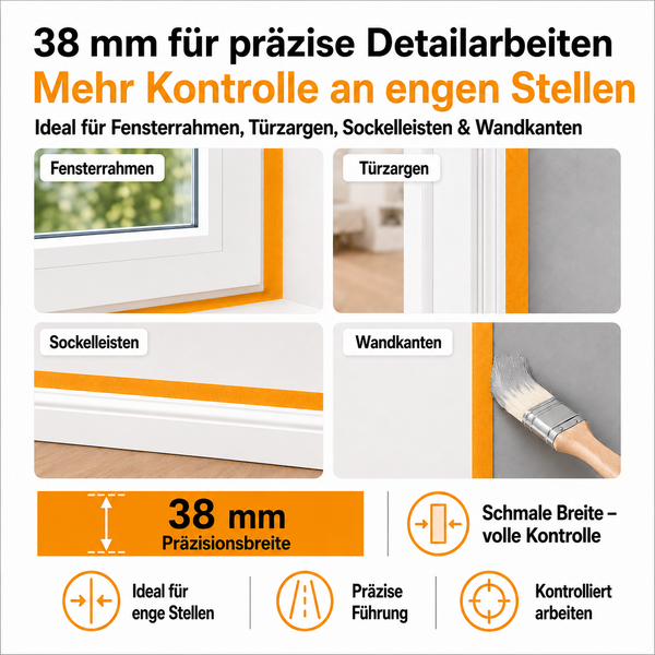Anwendung von 38 Millimeter breitem Abdeckband an Fensterrahmen, Türzargen, Sockelleisten und Wandkanten für präzises Streichen.