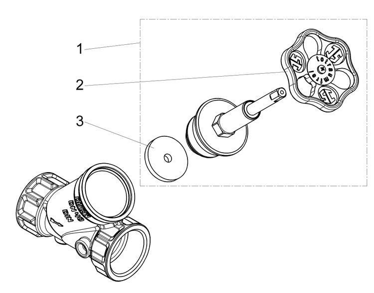 Explosionszeichnung eines Schrägsitzventils Nennweite 40 mit Ersatzteilen wie Handrad, Oberteil und Dichtung.