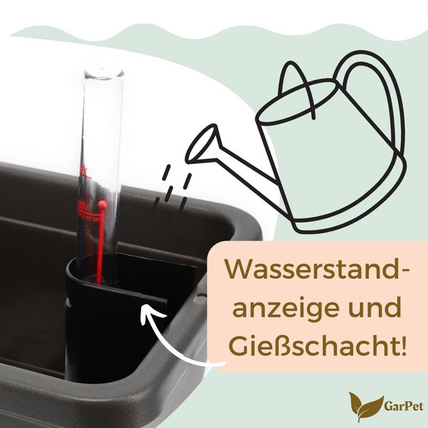 Wasserstandsanzeige und Gießschacht für Pflanzgefäße