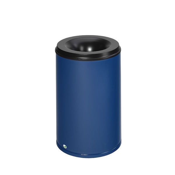 Blauer zylindrischer Abfalleimer aus Metall mit schwarzem Deckel.