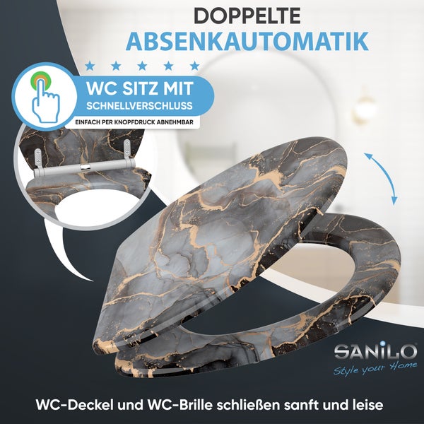 Sanilo Toilettensitz mit Marmormuster, doppelter Absenkautomatik und Schnellverschluss. Deckel und Brille schließen sanft und leise.