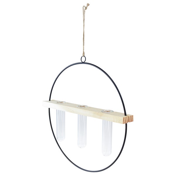 Hängende Blumenvase mit Reagenzgläsern an einem Holzbrett und einem schwarzen Metallring aufgehängt