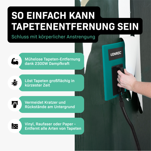 VONROC Dampftapetenablöser zum Tapeten entfernen [2300W] - Tapetenablöser mit Dampf [70 Minuten Arbeitszeit] - Tapetenlöser Dampfgerät 4m Schlauch und 4,5l Wassertank