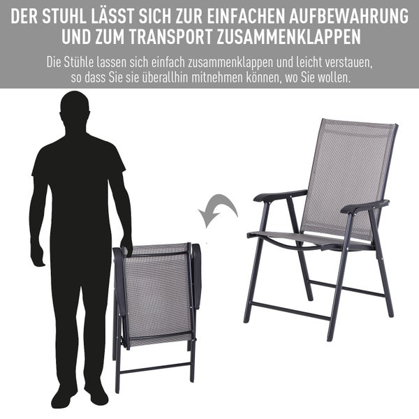 Klappbarer Gartenstuhl mit grauer Textilbespannung und Armlehnen, dargestellt im aufgebauten Zustand und platzsparend zusammengeklappt neben einer Person.