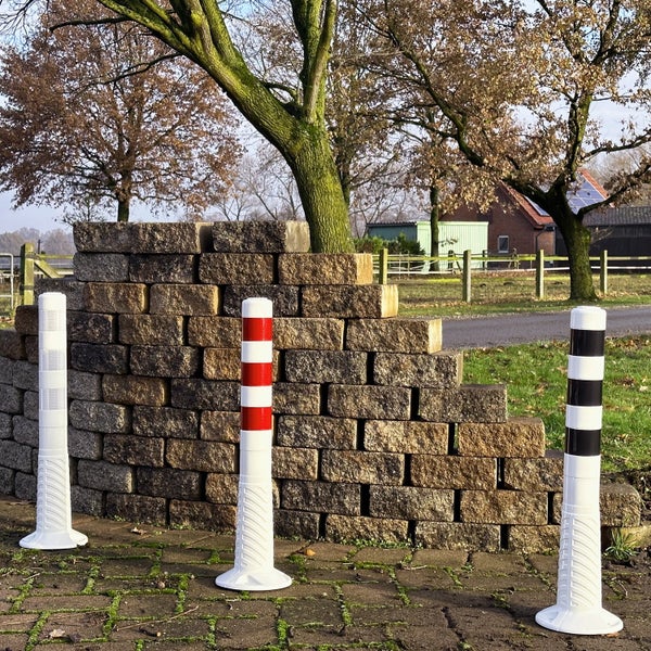 2 Stück Absperrpfosten Poller flexibel weiß, rote reflektierende Folie, selbstaufrichtend inkl. Befestigung 100cm