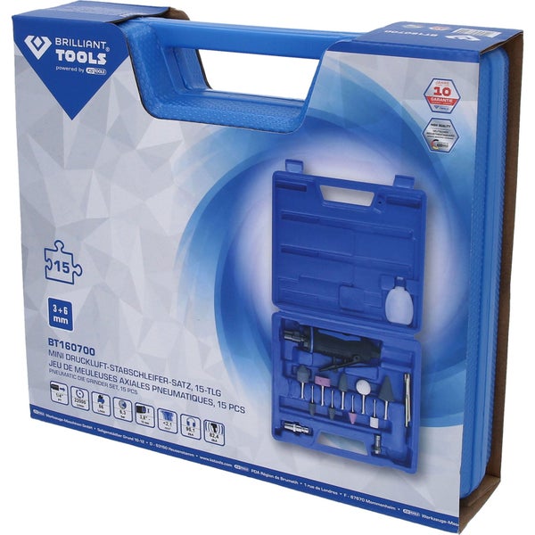 Druckluft-Stabschleifer-Set in einem blauen Kunststoffkoffer mit verschiedenen Schleifaufsätzen und Zubehör