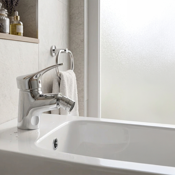 Verchromte Bidetarmatur mit schwenkbarem Luftsprudler auf einem weißen Waschbecken in einem hellen Badezimmer.