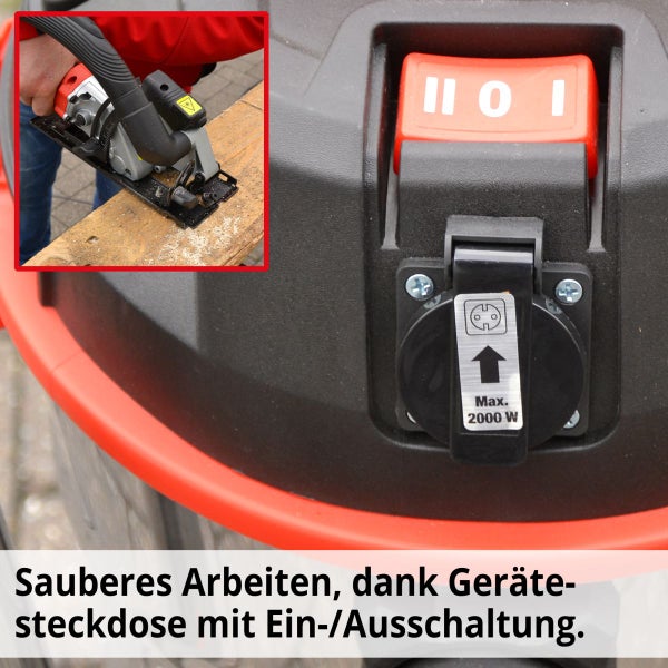 Nass-Trockensauger mit integrierter Gerätesteckdose bis maximal 2000 Watt und Einschaltautomatik für staubfreies Arbeiten mit Elektrowerkzeugen.