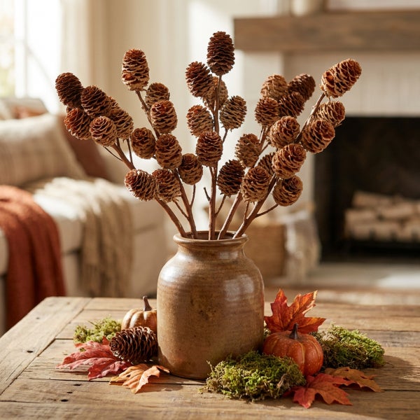 Herbstliche Tischdekoration mit Tannenzapfenzweigen in einer Steingutvase, umgeben von Kürbissen, Moos und herbstlichen Blättern auf einem Holztisch.