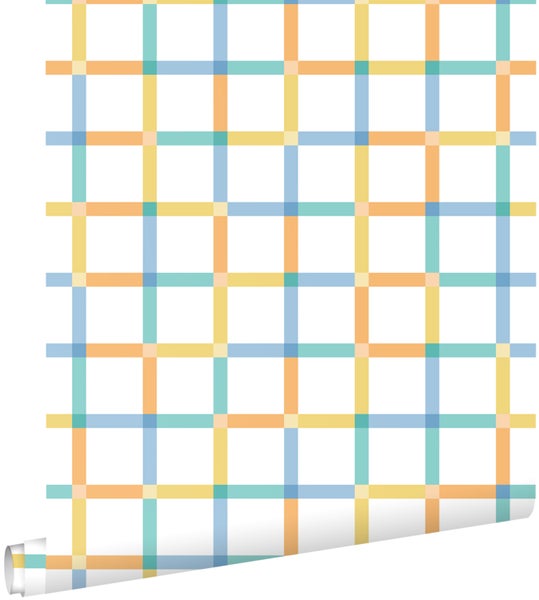 Vliestapete mit Karomuster aus bunten Streifen.