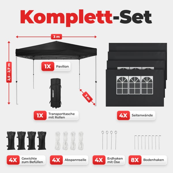 Faltpavillon Pavillon Partyzelt Gartenzelt ONBEST 3x3m 1min Aufbau Schwarz Wasserdicht inkl. 4 Seitenteile Rollentasche