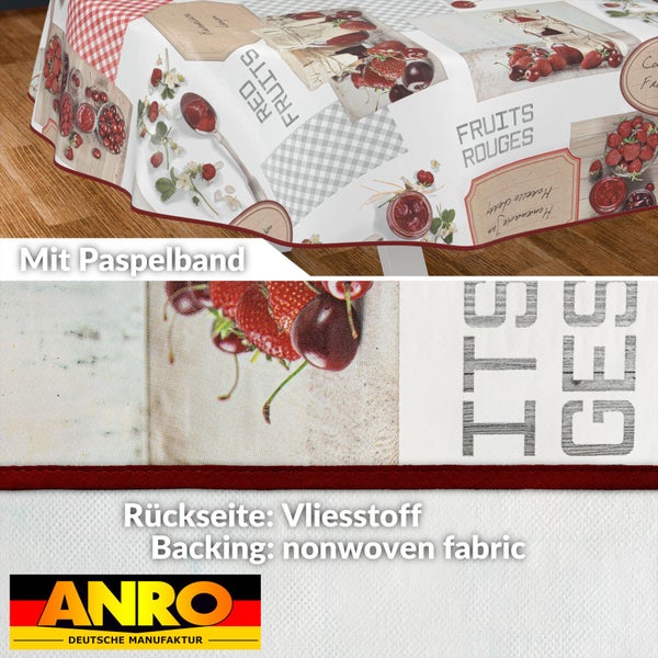 Tischdecke mit rotem Früchtedesign und Paspelband