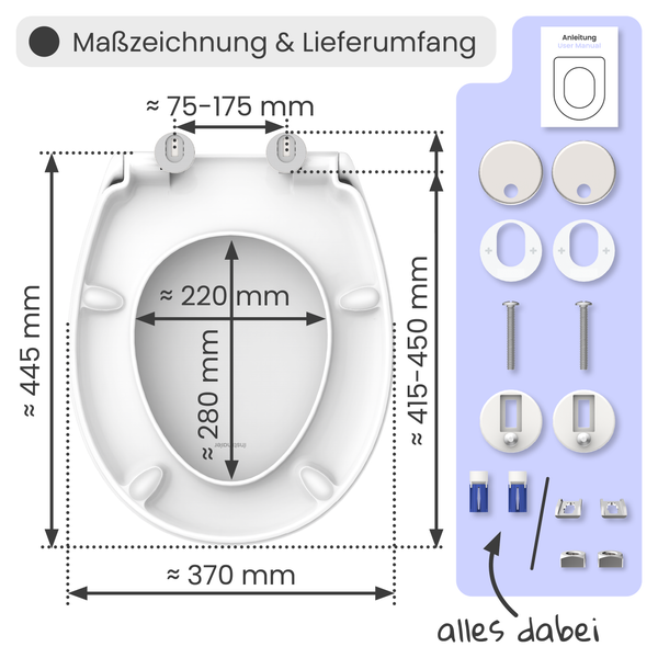 Technische Zeichnung und Lieferumfang eines Toilettensitzes mit den Maßen 445 mm Höhe, 370 mm Breite, 220 mm Innenbreite und 280 mm Innentiefe sowie Montagezubehör und Bedienungsanleitung