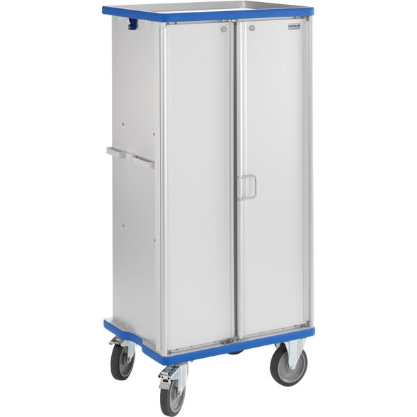Mobiler Schrankwagen aus Aluminium mit zwei Türen, Schiebegriff und vier Rollen.