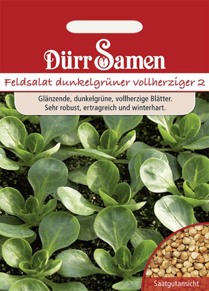 Samentüte Feldsalat Dunkelgrüner Vollherziger 2 von Dürr Samen mit Foto der Pflanzen und einer Detailansicht der Samen.