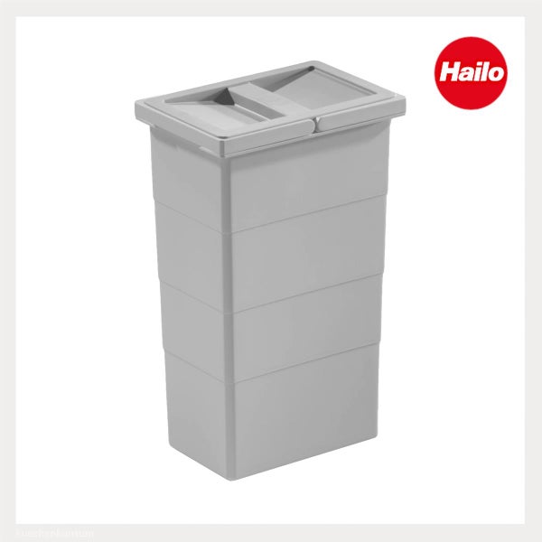 Grauer Hailo Abfalleimer aus Kunststoff mit Deckel. Hailo Logo.