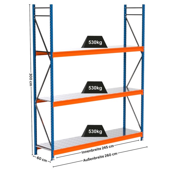 Lagerregal mit drei Ebenen und den Maßen 300 x 260 x 60 cm
