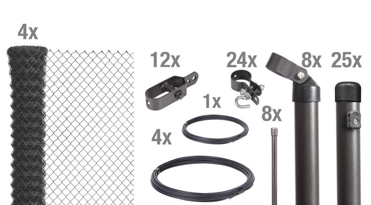 Maschendrahtzaun Set mit Zaunrollen, Pfosten, Spanndraht und Befestigungsmaterial für die Montage eines Drahtzauns.