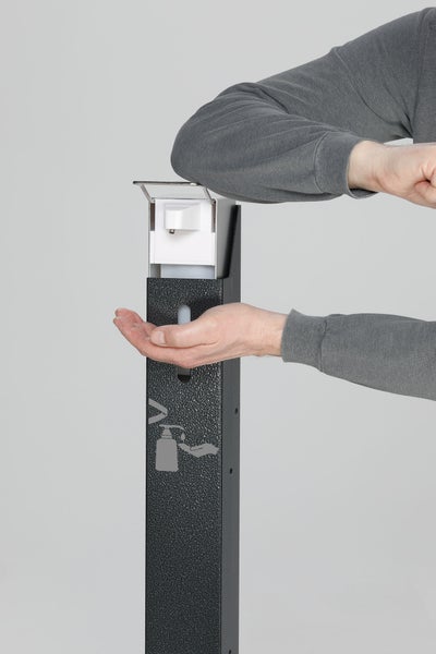 PROREGAL Robuster Handdesinfektionsspender Mit Spender Bodenmontage HxBxT 120 x 18 x 23 cm Verzinkter Stahl Grau