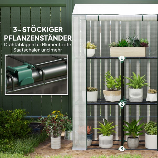 Outsunny Gewächshaus mit Regale Rolltür, winterfest Foliengewächshaus aus Stahl, Treibhaus für Balkon, Garten, Tomatenhaus mit UV schutz 100x40x150cm Tomatengewächshaus für Gemüse Blumen Pflanzen Weiß