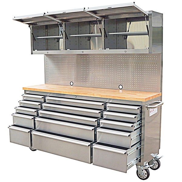 Ondis24 Werkstatt mit Lochwand und Schrank 198 cm Edelstahl, rollbar