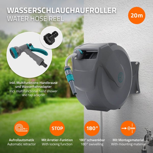 ECD Germany Schlauchaufroller 20m+2m, Schlauchtrommel, Wand-Schlauchbox RollUp mit Arretierstop und 9 Sprühfunktionen, 180° Schwenkbar, Automatischer Wasser Gartenschlauch-Aufroller zur Wandmontage