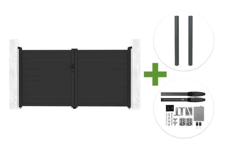 Zweiflügeliges Einfahrtstor aus Aluminium inklusive zwei Pfosten und einem elektrischen Torantrieb-Set.