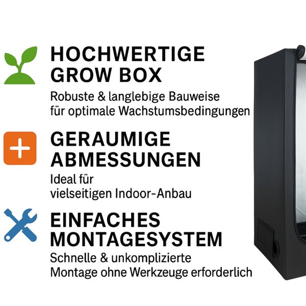 Merkmale der Growbox: hochwertige Qualität, geräumige Abmessungen und einfaches Montagesystem