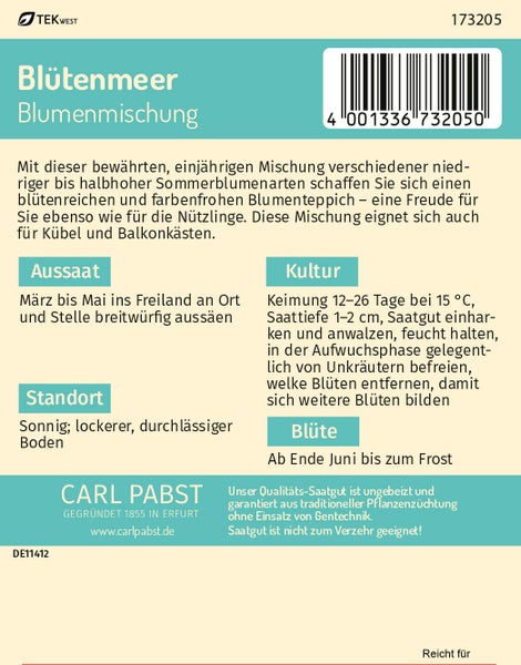 Rückseite der Saatgutpackung Carl Pabst Blütenmeer Blumenmischung mit Informationen zu Aussaat, Standort, Kultur und Blüte.