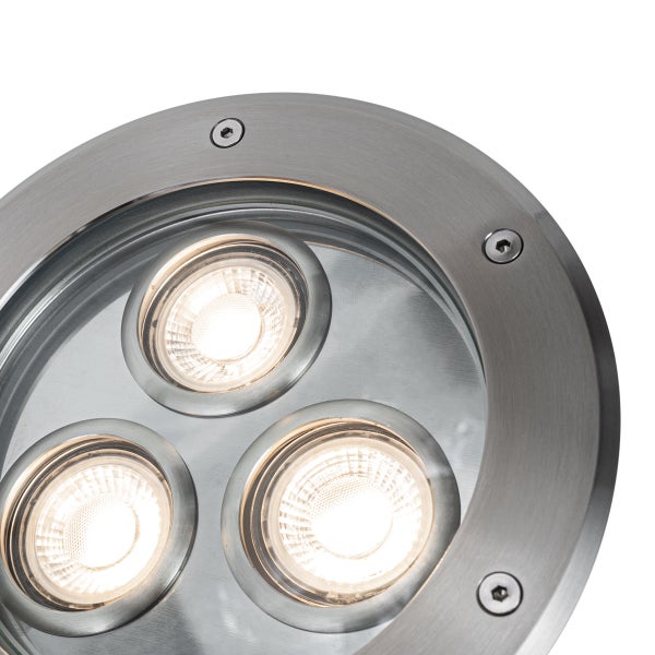 Runde Bodeneinbauleuchte aus Edelstahl mit drei LED-Lichtquellen.