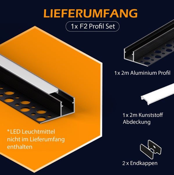 Lieferumfang F2 Profil Set mit Aluminiumprofil, Kunststoffabdeckung und zwei Endkappen für LED Streifen ohne Leuchtmittel.