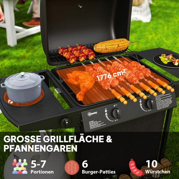 Outsunny Gasgrill 7 KW Grillwagen inkl 3 Brenner Seitenkocher Rolle Druckminderer Deckel Gasschlauch 2 Heizzonen Thermometer Seitenablagen, BBQ Gartengrill für Balkon, Grill 107 x 54 x 96 cm