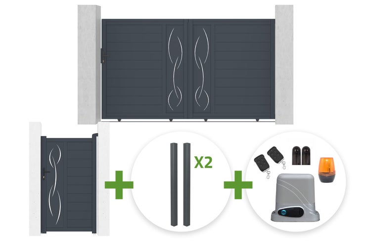 Komplettset mit zweiflügeligem Einfahrtstor, Gartentür, zwei Pfosten und elektrischem Torantrieb, Anthrazit mit dekorativem Wellenmuster.