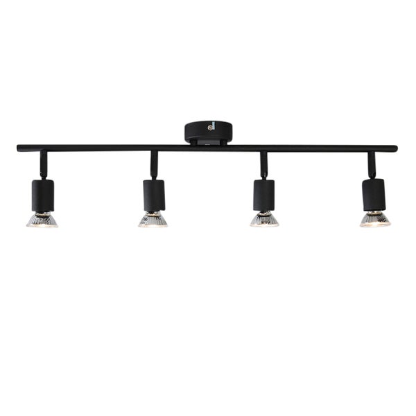 Schwarze Deckenleuchte mit vier Strahlern.