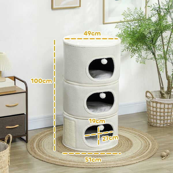 PawHut Kratztonne, 100 cm hoch Katzentonne mit 3 Höhle, Kratzbaum mit Spielbällen, Katzenturm aus Sisal, für Katze bis 6 kg, Beige+Cremeweiß