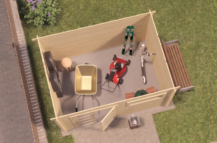 Draufsicht in ein offenes Gartenhaus aus Holz mit Rasenmäher, Schubkarre, Skiern, Roller und Reifen auf einer Rasenfläche.
