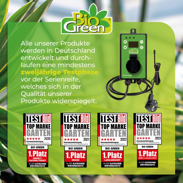 Bio Green Logo, digitaler Thermostat Thermo2, entwickelt in Deutschland. Test Bild Auszeichnungen als Top Marke Garten von 2020 bis 2023.
