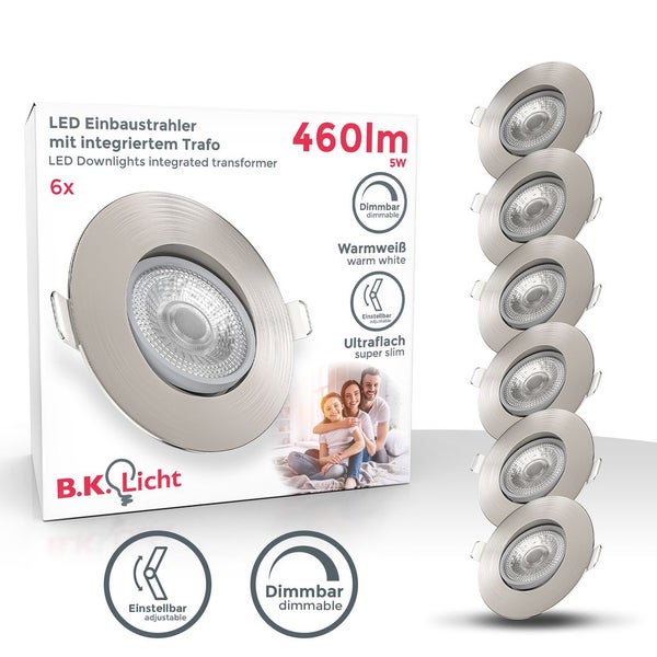 Einbaustrahler 68mm 6er Set - 230V, 4,9W, 480lm, LED, dimmbar, warmweiß, matt-nickel