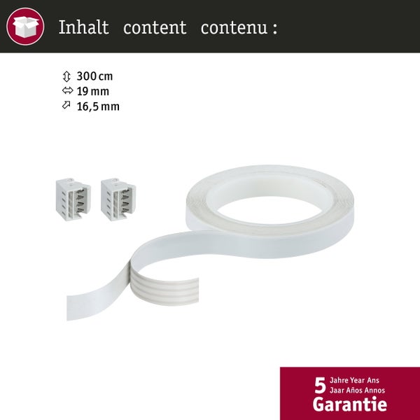 LED-Streifen-Zubehörset mit einem 300 Zentimeter langen Band, zwei Steckverbindern und 5 Jahre Garantie.