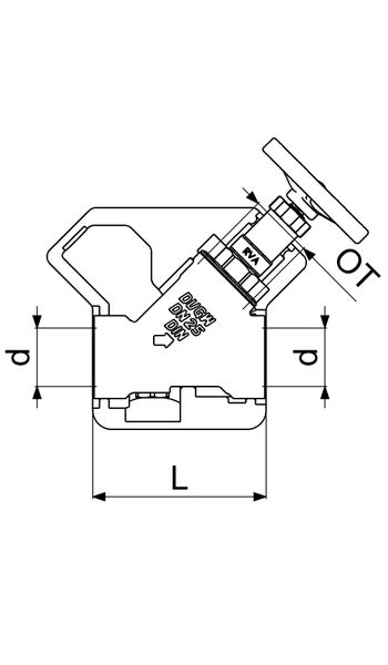 Technische Zeichnung eines Schrägsitzventils mit Maßangaben für Durchmesser d und Länge L, Nennweite 25.