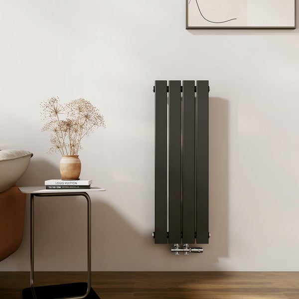 EMKE Heizkörper Flach Designheizkörper, Paneelheizkörper, Vertikal, Einlagig, Mittelanschluss,  900x 300 mm, 403W Schwarz