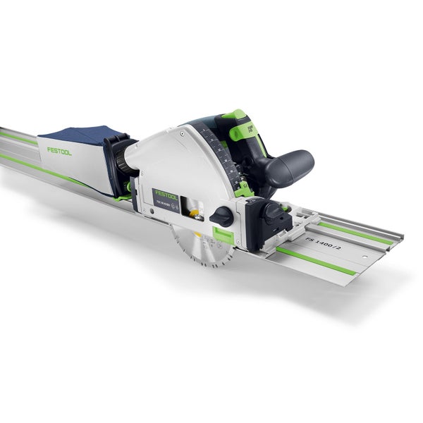 Festool Akku-Tauchsäge TSC 55 KSEB mit Führungsschiene FS 1400/2 und Staubbeutel.