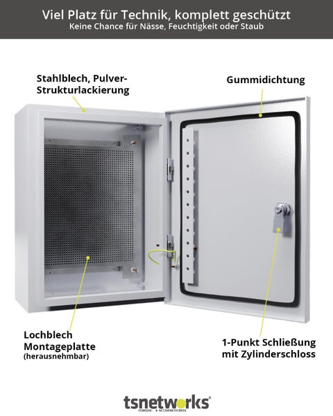 Verteilerkasten aufputz wasserdicht 40x30x18cm IP65 Stahlblech mit Lochblech Montageplatte & verchromter Schließung, lichtgrau, Industrie Leergehäuse