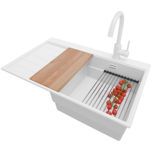 PRIMAGRAN Granitspüle Alles Weiß 78x50cm, Spülbecken 1 Becken + Küchenarmatur 32x20cm + Ablauf-Set + Küchenzubehörset, Küchenspüle ab 45er Unterschrank - Sydney