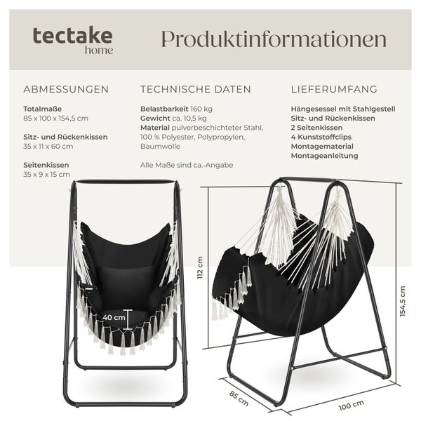Hängesessel tectake Alison 85 x 100 x 154,5 cm 3 extra dicke Kissen schwarz